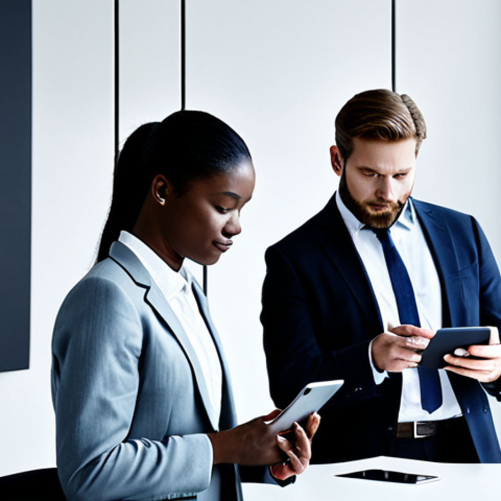A diverse group of professionals, fully clothed in modern business attire, each subtly interacting with their digital devices (smartphones, tablets) in a sophisticated, minimalist office environment. Faint, ethereal glowing lines subtly connect their devices, symbolizing the unseen flow of private digital communication. The overall mood is focused and contemplative, highlighting the hidden aspects of digital interaction. Natural pose, perfect anatomy, correct proportions, well-formed hands, professional photography, high quality, safe for work, appropriate content, modest clothing, family-friendly.