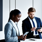 A diverse group of professionals, fully clothed in modern business attire, each subtly interacting with their digital devices (smartphones, tablets) in a sophisticated, minimalist office environment. Faint, ethereal glowing lines subtly connect their devices, symbolizing the unseen flow of private digital communication. The overall mood is focused and contemplative, highlighting the hidden aspects of digital interaction. Natural pose, perfect anatomy, correct proportions, well-formed hands, professional photography, high quality, safe for work, appropriate content, modest clothing, family-friendly.