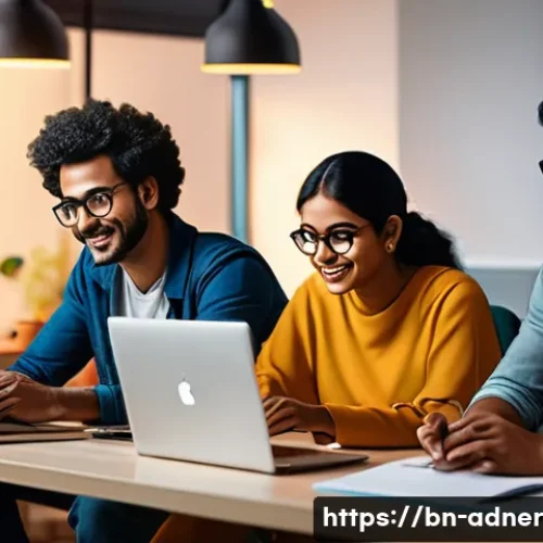 Home 31 다크 소셜 채널 활용하기 - Illustration of a diverse group of Bengali professionals in a cozy, modern office setting, engaging ...